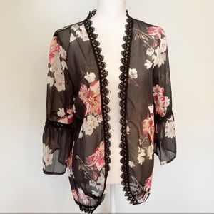 NWOT BLACK FLORAL KIMONO Swim Coverup-S